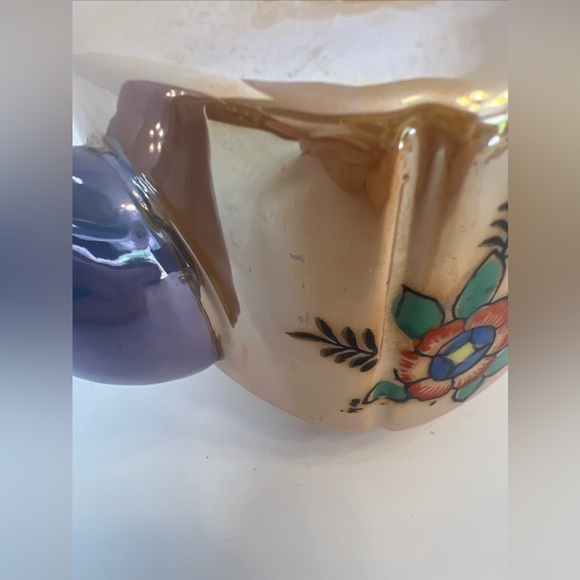 Vintage Lusterware tea pot Bird on Branch Floral Orange and Blue decor c. 1950s - Picture 10 of 11